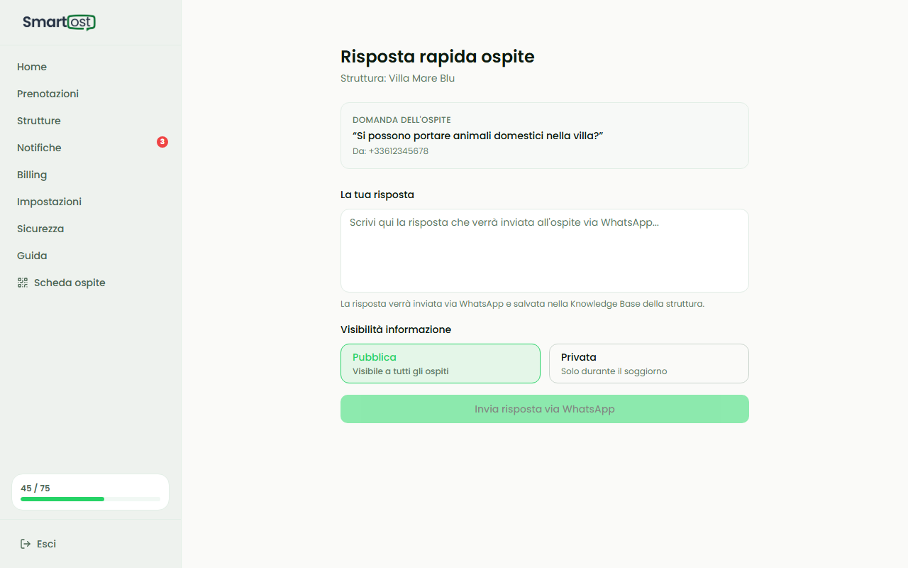 Form risposta rapida — domanda ospite e campo risposta