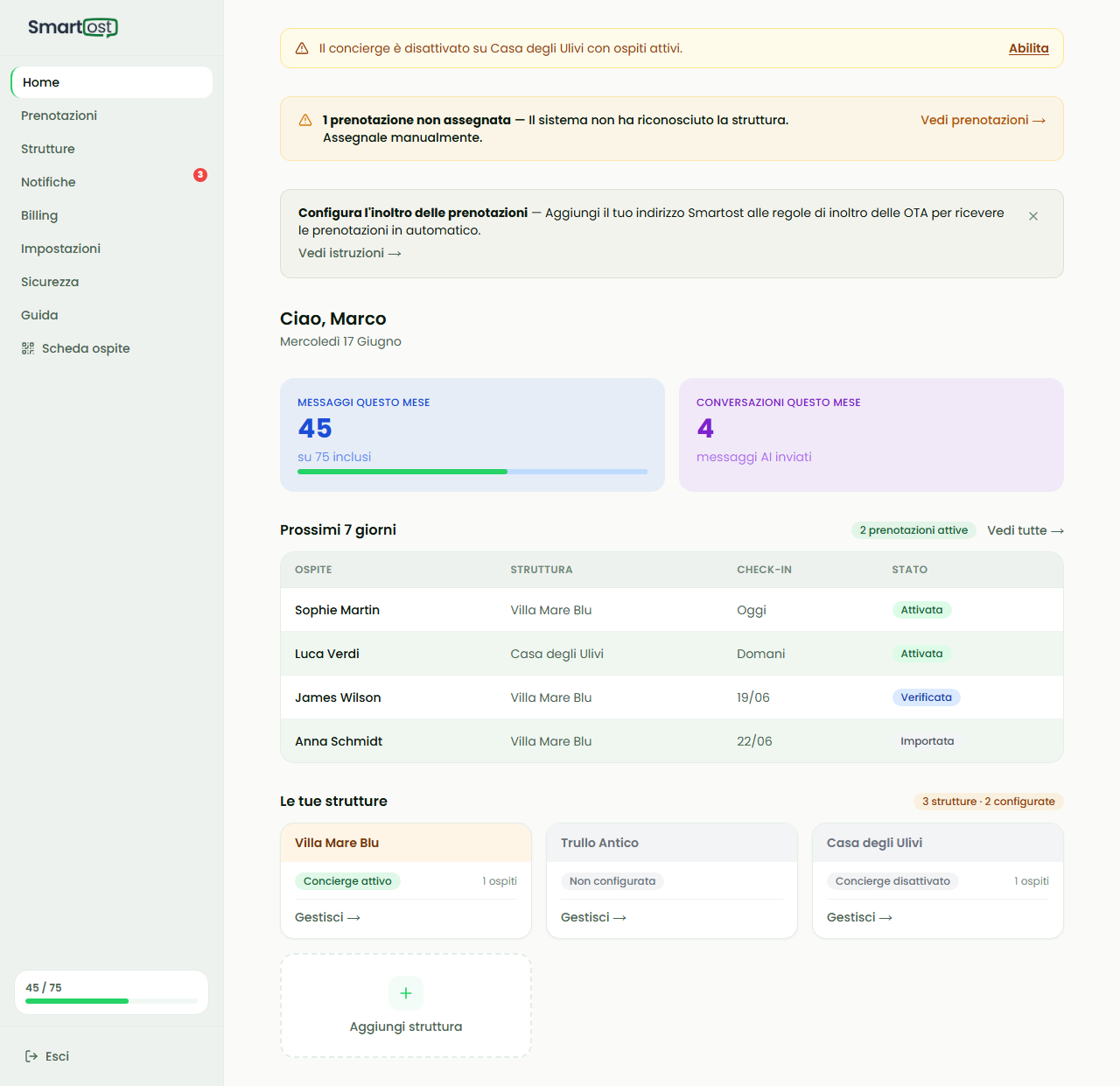 Vista completa della dashboard Smartost dopo il login