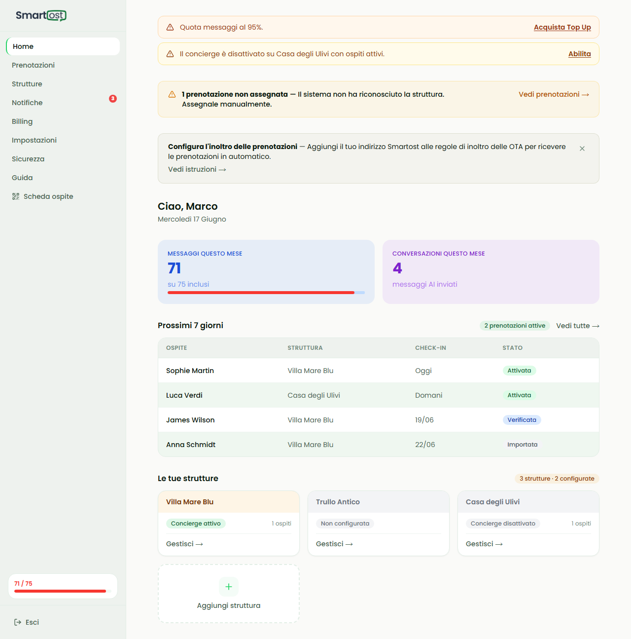 Dashboard — esempio barra di stato con avviso quota quasi esaurita
