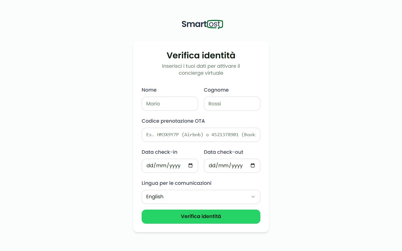 Form di verifica ospite — inserimento codice prenotazione e nome