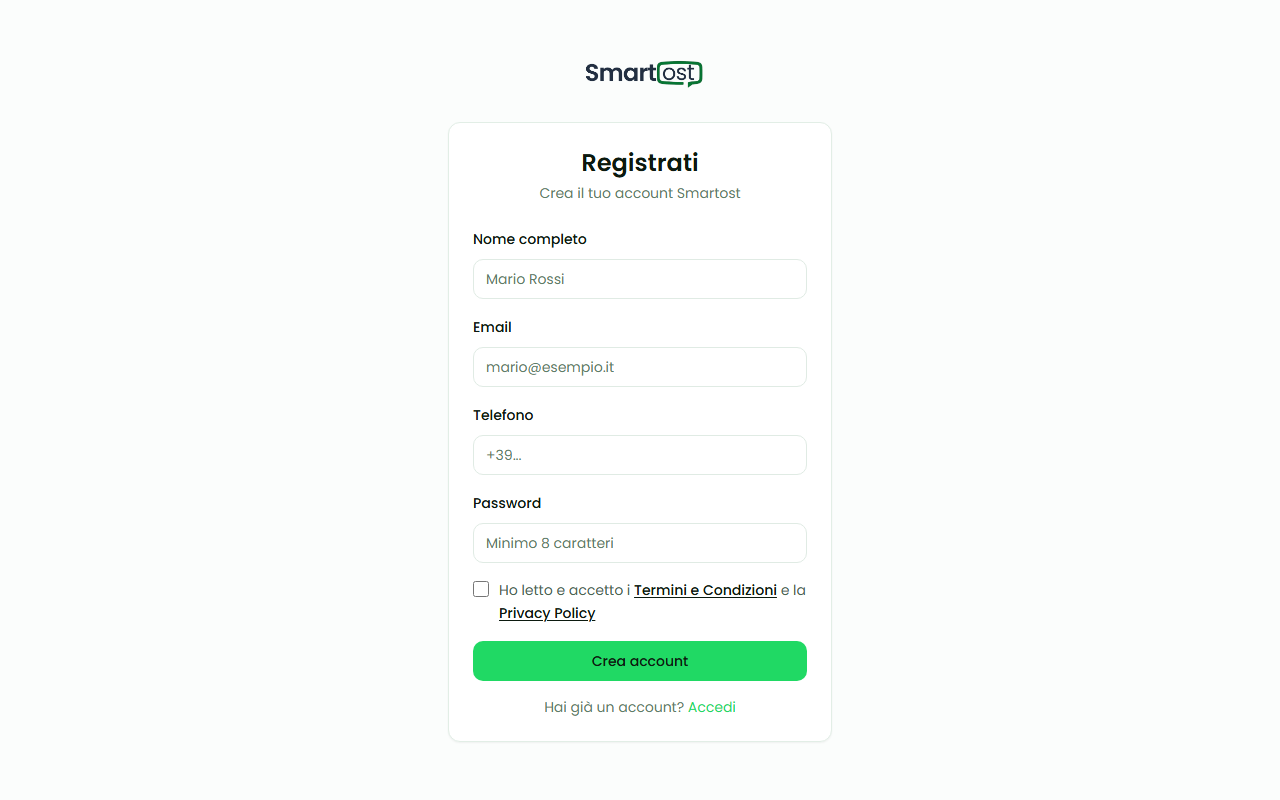 Pagina di registrazione Smartost con form email e password