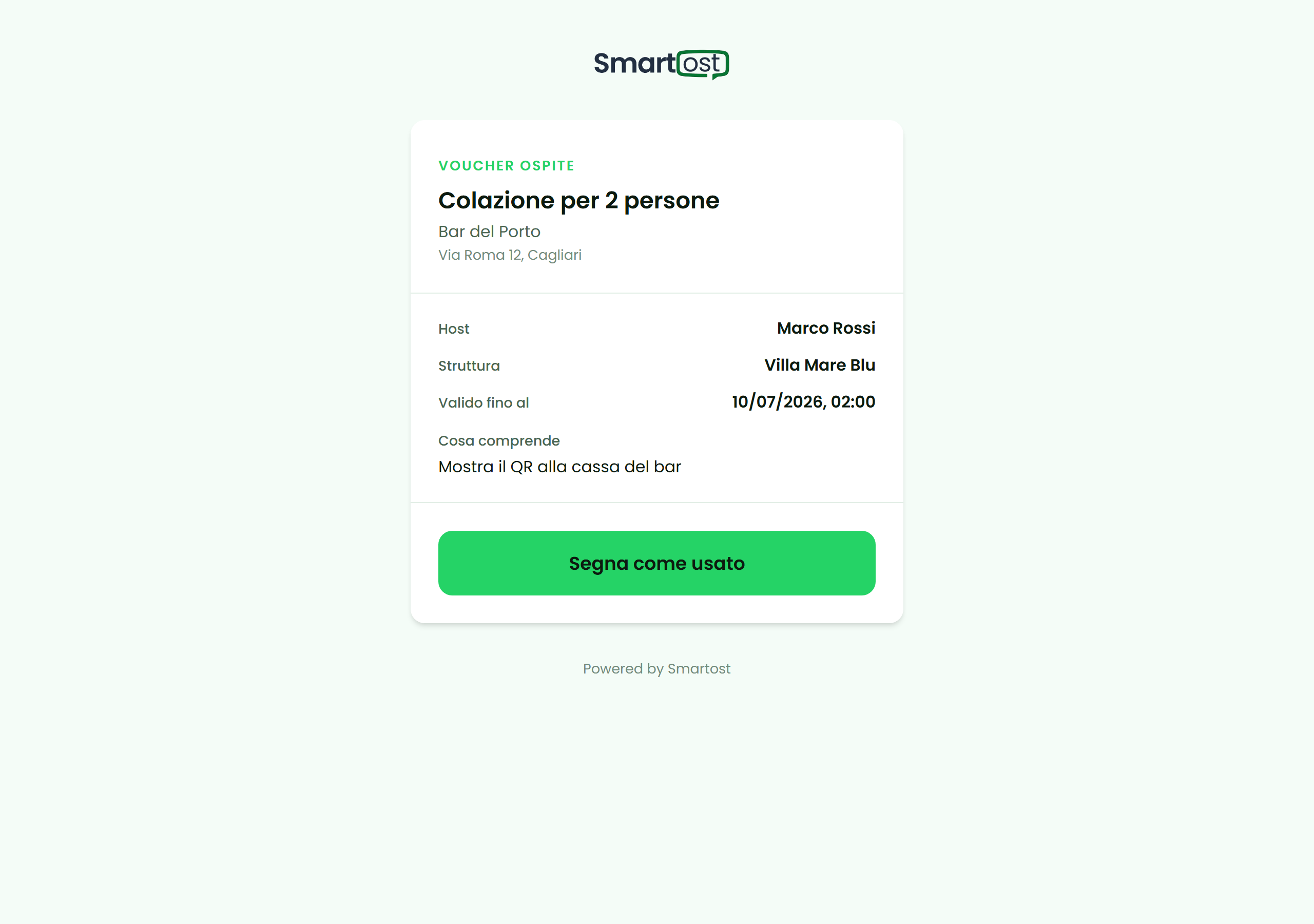 Pagina di riscatto pubblica con nome della prestazione, partner e indirizzo, e pulsante Segna come usato